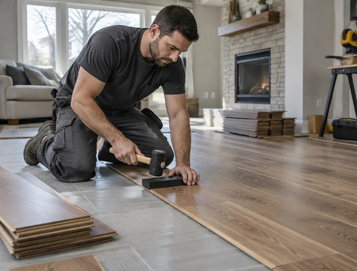 Professional flooring installer laying new plank flooring