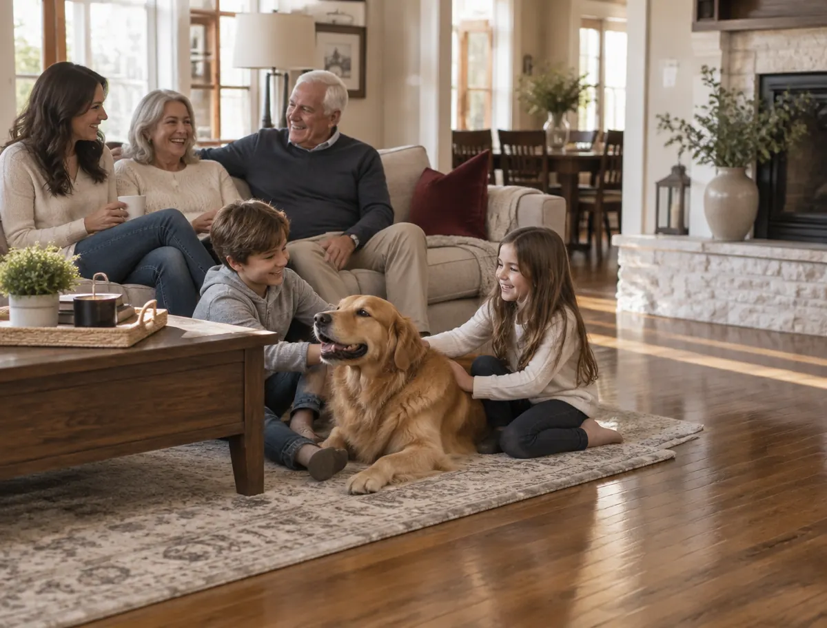 Happy homeowners in their living room with new flooring