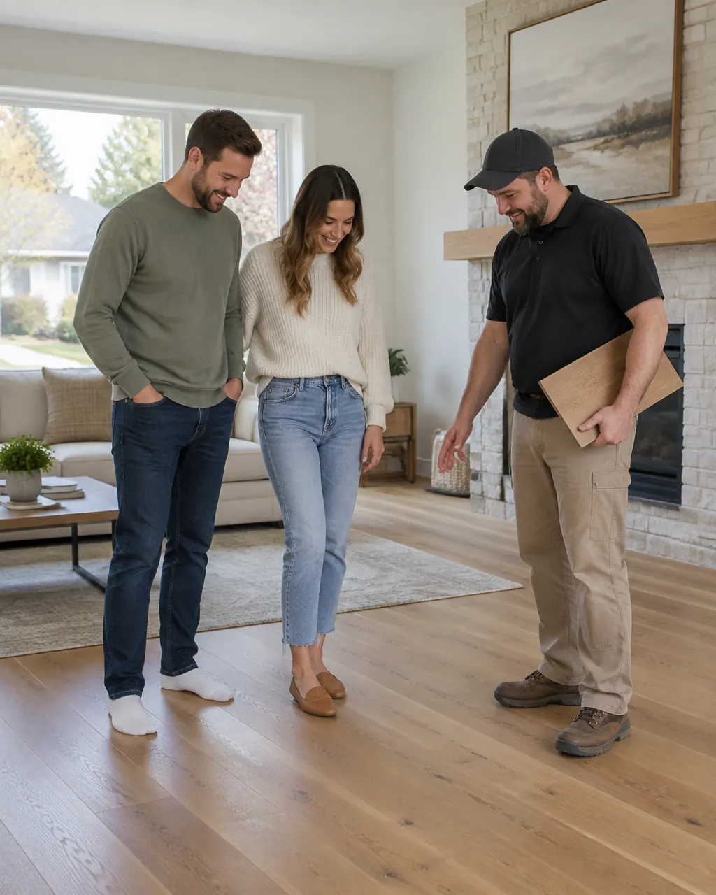 Flooring specialist showing Metro Detroit homeowners their newly finished floor