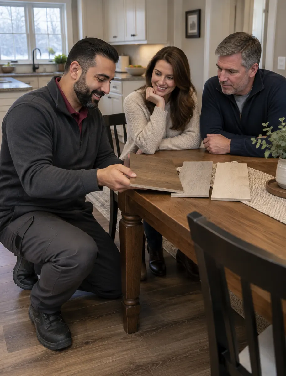 Renova flooring specialist helping homeowners compare flooring samples